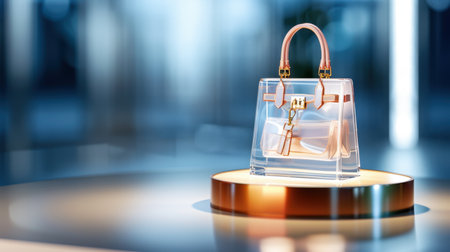 This image features an elegant and stylish transparent handbag situated on a round pedestal under soft, diffused lighting, highlighting its modern design.の素材