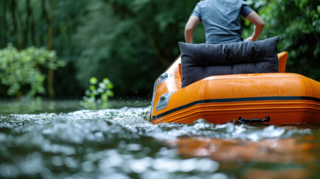 A serene image captures a person steering an inflatable boat through calm waters, surrounded by lush green vegetation, evoking a sense of adventure and tranquility.の素材