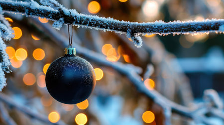 A stunning close-up of a frosted black Christmas ornament hanging on a snowy branch, surrounded by twinkling holiday lights, capturing the spirit of winter festivities.の素材