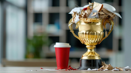 This image features a broken trophy overflowing with debris next to a red coffee cup, set in a modern office space, symbolizing both failure and resilience.の素材