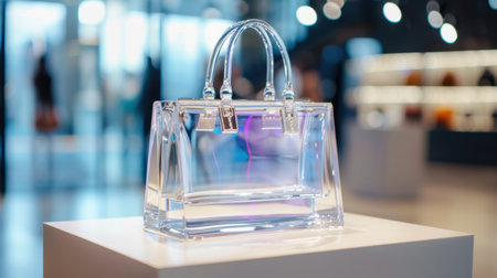 A stunning transparent handbag displayed elegantly in a chic boutique, capturing the essence of modern fashion and luxury with bright, inviting lighting.の素材