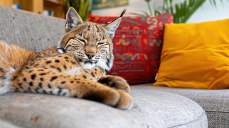 An adorable lynx cat lounges on a comfortable couch, surrounded by colorful cushions, creating a serene and inviting atmosphere in a modern living room.の素材