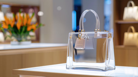 A stylish transparent handbag placed prominently on a display table inside a modern retail store, complemented by a vibrant floral arrangement in the background.の素材