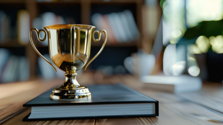 A sparkling golden trophy rests atop a black book, set against a blurred background of a cozy library. This composition symbolizes achievement and success.の素材