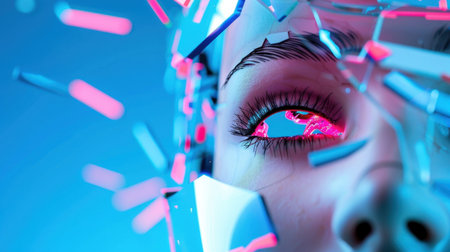 This striking image depicts a human face with an expressive eye, surrounded by vibrant neon colors and shards of glass, creating a captivating surreal atmosphere.の素材