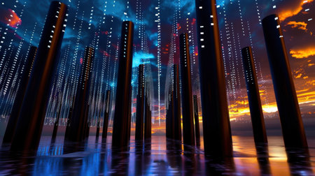 This visually stunning digital landscape features tall columns set against a dramatic sunset sky, enhanced by vibrant neon lights and reflections in water.の素材