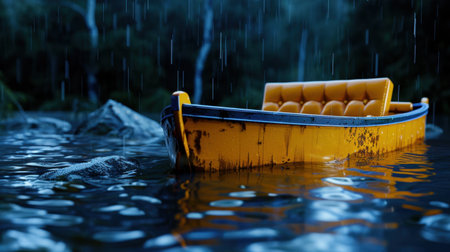 A striking image of a bright yellow boat adrift in water amid heavy rainfall, surrounded by lush greenery, encapsulating a mood of solitude and adventure.の素材