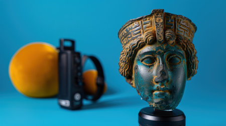 A captivating still life composition showcasing an ancient sculpture headpiece paired with modern photography gear against a vibrant blue background.の素材