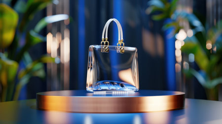 A stunning clear handbag is showcased on a polished round table, surrounded by lush greenery and dynamic lighting, creating an elegant and stylish atmosphere.の素材