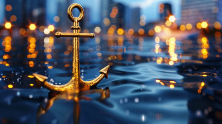 A striking golden anchor stands gracefully in calm water, surrounded by a mesmerizing cityscape. The evening lights create a dreamy atmosphere filled with tranquility.の素材
