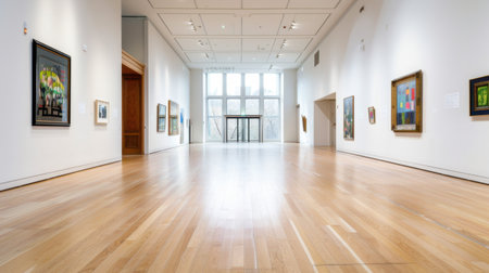 This image captures a bright and spacious art gallery interior showcasing contemporary paintings. The wooden flooring and natural light create a welcoming atmosphere.の素材