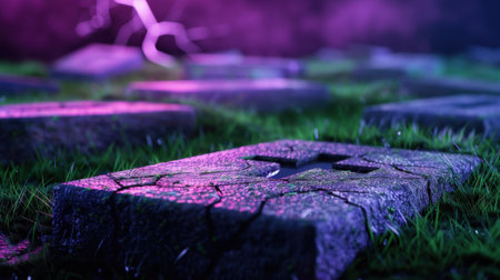 This captivating image features cracked grave stones resting on dark grass, illuminated by a mysterious purple light, evoking an eerie and haunting atmosphere.の素材