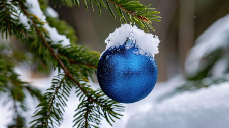 A striking blue ornament dangles delicately from a snow-covered pine branch, evoking a festive winter ambiance, ideal for celebrating the holiday spirit.の素材