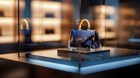 A stunning blue handbag elegantly showcased in a luxurious retail environment, illuminated by soft lighting and featuring a modern acrylic stand.の素材
