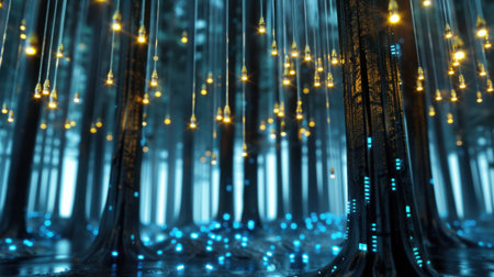 A captivating forest scene featuring tall trees adorned with ambient glowing lights and digital elements, creating a tranquil and surreal atmosphere perfect for imaginative projects.の素材