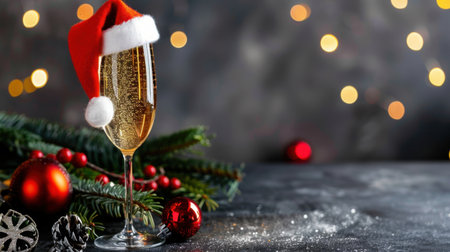 A festive champagne glass adorned with a Santa hat sits elegantly amidst holiday decorations, embodying the spirit of joy and celebration during the festive season.の素材