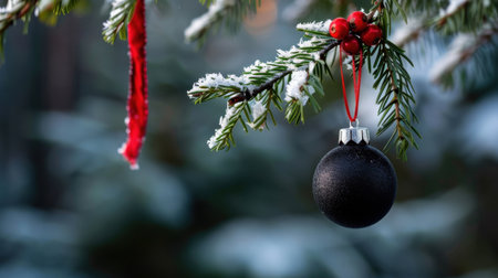 A stunning black Christmas ornament gracefully hangs from a frosted evergreen branch, adorned with vibrant red berries and a delicate ribbon, capturing the essence of winter festivities.の素材