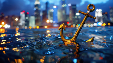 A stunning golden anchor emerges from tranquil waters, reflecting vibrant city lights and a captivating skyline at dusk, creating a serene urban experience.の素材