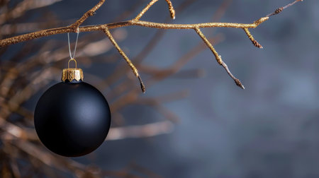 A striking minimalist black ornament dangles gracefully from a bare branch, set against a soft neutral background, evoking elegance and tranquility.の素材
