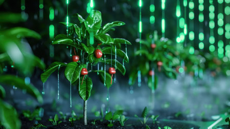 A futuristic scene showcasing vibrant green plants with red fruits, enhanced by digital rain and neon lights, creating a surreal atmosphere of growth and innovation.の素材