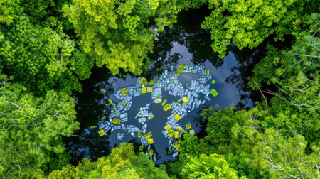 An enchanting aerial view captures a vibrant green forest surrounding a serene pond. The tranquil water reflects the lush canopy above, dotted with floating objects, presenting a captivating snapshot of nature's beauty.の素材