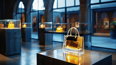 A stunning luxury handbag is displayed prominently in a stylish gallery, surrounded by soft lighting and artistic elements, showcasing fashion's elegance.の素材
