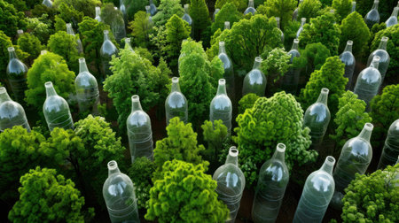 This captivating image showcases a surreal blend of nature and plastic, featuring green trees surrounding transparent bottles that mimic their form.の素材