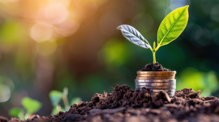 A vibrant image depicting a small plant with green leaves sprouting from a stack of coins, symbolizing the harmony of nature and finance in a thriving environment.の素材