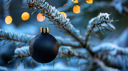 A stunning black Christmas ornament hangs delicately from a frosty pine branch, with blurred warm lights in the background, creating a cozy winter atmosphere.の素材
