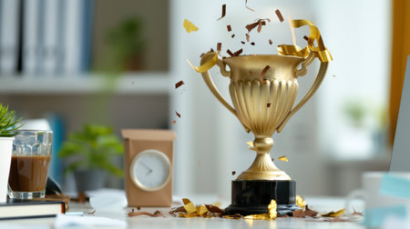 A golden trophy sits on a desk in a modern office setting, surrounded by colorful confetti, symbolizing celebration and achievement in a professional space.の素材