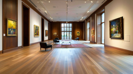 This stunning art gallery features a spacious interior filled with natural light. Modern design elements and wooden floors create an inviting atmosphere for art lovers.の素材