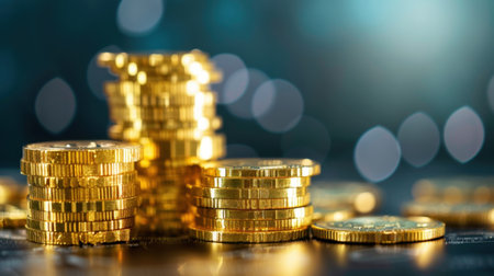 A collection of gleaming gold coins piled elegantly against a blurred background with soft bokeh. Ideal for themes of wealth, investment, and finance.の素材
