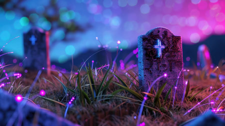 This captivating graveyard scene features a tombstone with a cross shrouded in glowing lights, capturing an eerie yet serene atmosphere at twilight.の素材