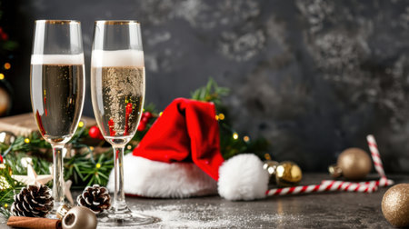 This elegant holiday scene captures two champagne glasses filled with bubbly, decorated with a Christmas hat, pine cones, and festive ornaments.の素材