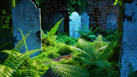 This serene cemetery scene features moss-covered tombstones surrounded by vibrant ferns, creating a tranquil atmosphere perfect for reflection and nostalgia.の素材