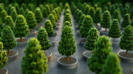 A vibrant scene featuring neatly arranged miniature trees in pots, creating a tranquil and calming atmosphere, ideal for garden enthusiasts and decorators.の素材
