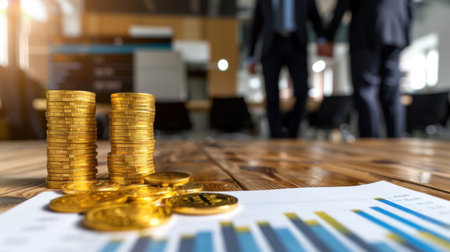 Close-up of gold coins stacked next to a financial chart in a modern office, highlighting business success and partnership in a professional environment.の素材