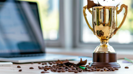 A golden trophy rests on a wooden desk surrounded by coffee beans and chocolate pieces, with a bright workspace in the background, symbolizing achievement.の素材