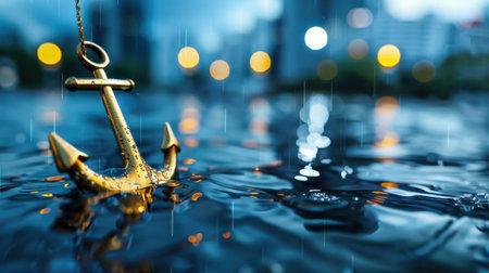 A captivating golden anchor emerges from the rain-soaked water, set against a softly blurred urban landscape. The striking contrast of elements creates a serene and moody atmosphere.の素材