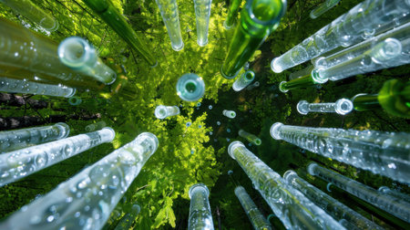 This enchanting image captures a unique perspective of tall glass tubes amidst lush green foliage, creating a dreamy and surreal atmosphere.の素材