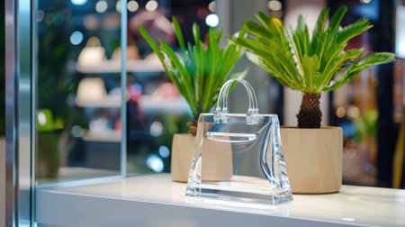 A stunning transparent handbag positioned on a sleek shelf, complemented by vibrant greenery, creating a sophisticated and modern retail setting.の素材