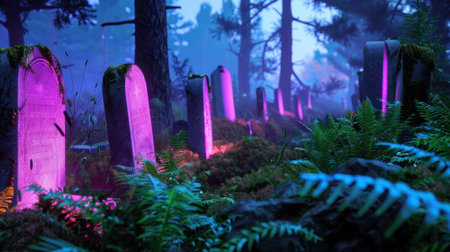 A serene and eerie graveyard scene featuring luminous headstones amidst colorful fog and lush ferns in a tranquil forest setting, perfect for atmospheric exploration.の素材