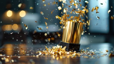 A dazzling explosion of golden confetti spills from a stylish cylinder on a polished wooden table, creating a vibrant and celebratory atmosphere perfect for festive events.の素材