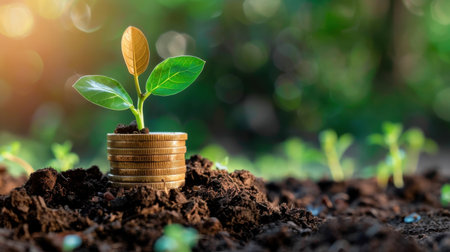 A vibrant green plant sprouts from a stack of coins, symbolizing the intersection of finance and sustainability. The rich soil emphasizes growth and renewal.の素材