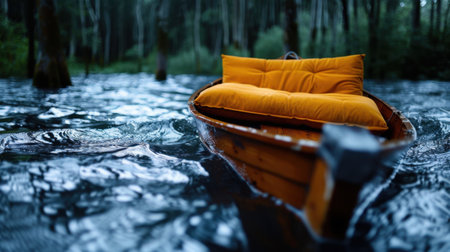 A vibrant yellow cushion sits invitingly on a wooden boat adrift in calm forest waters. Lush trees surround the serene scene, evoking peace and tranquility.の素材