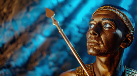 A stunning sculpture of an ancient warrior, showcasing golden skin and a spear, beautifully illuminated against a textured backdrop, evoking strength and history.の素材