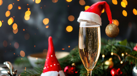 Celebrate the joy of the holiday season with a stunning image featuring a champagne glass dressed in festive decor, perfect for new year celebrations.の素材