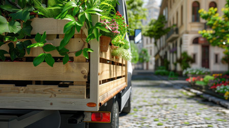 A charming scene of a wooden truck bed filled with vibrant green plants, parked on a cobblestone street, enhancing the beauty of urban landscapes.の素材