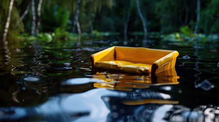 A bright yellow sofa floats serenely on calm water, surrounded by lush green trees, creating a tranquil atmosphere perfect for relaxation and reflection.の素材