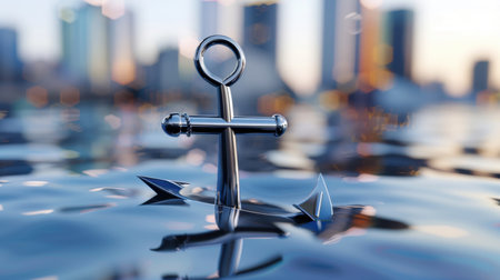 A glistening metal anchor floats serenely on the water surface, reflecting a vibrant cityscape during sunset, evoking feelings of adventure and tranquility.の素材